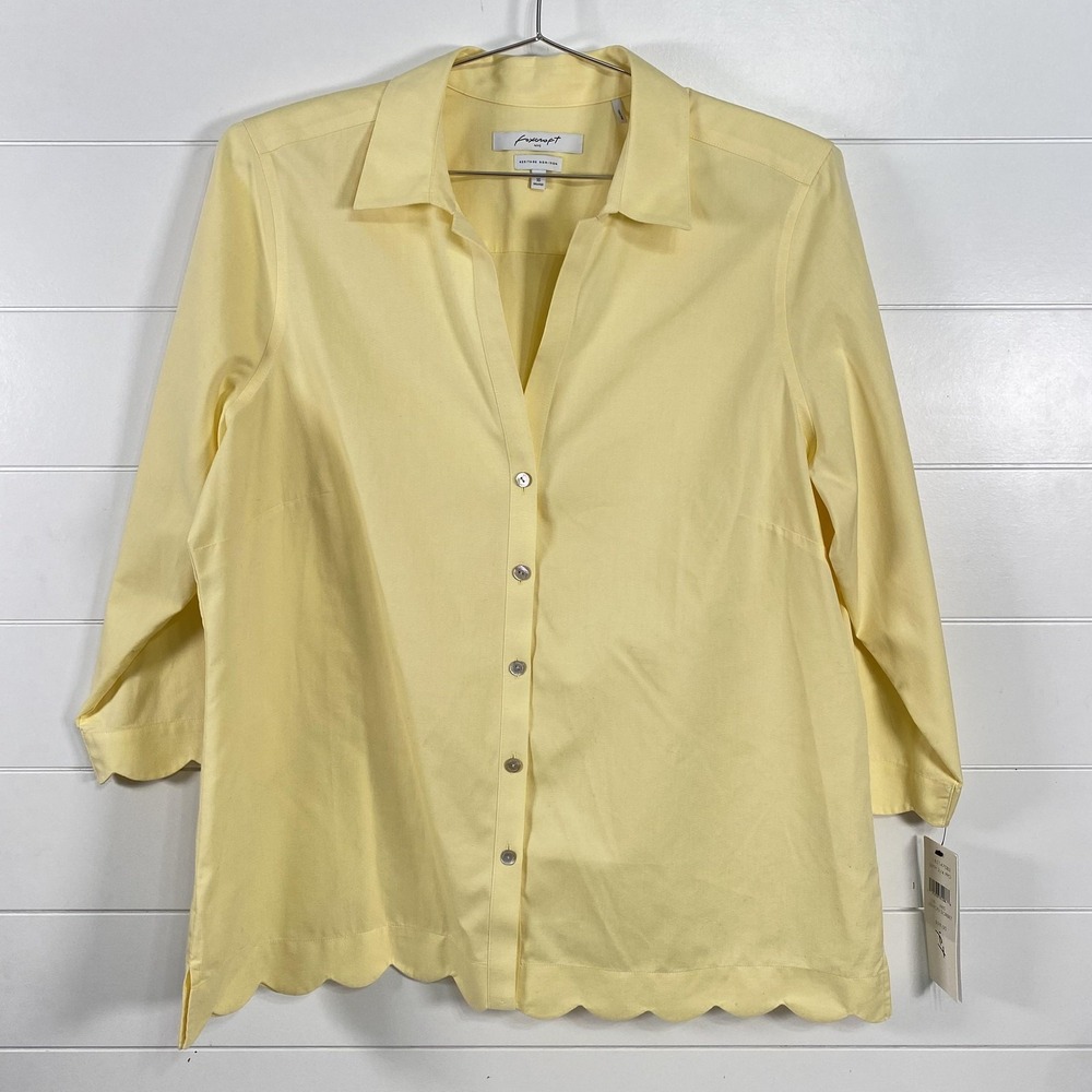 Foxcroft Shirt Womens 16 Yellow Lilith 3/4 Sleeve Non Iron Scalloped Hem Blouse